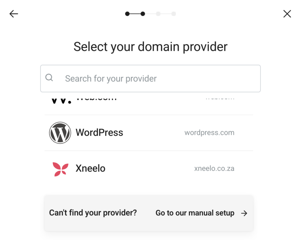 Screenshot of the domains page in the WP Engine User Portal showing the popup to select your domain provider manually while connecting with Entri.